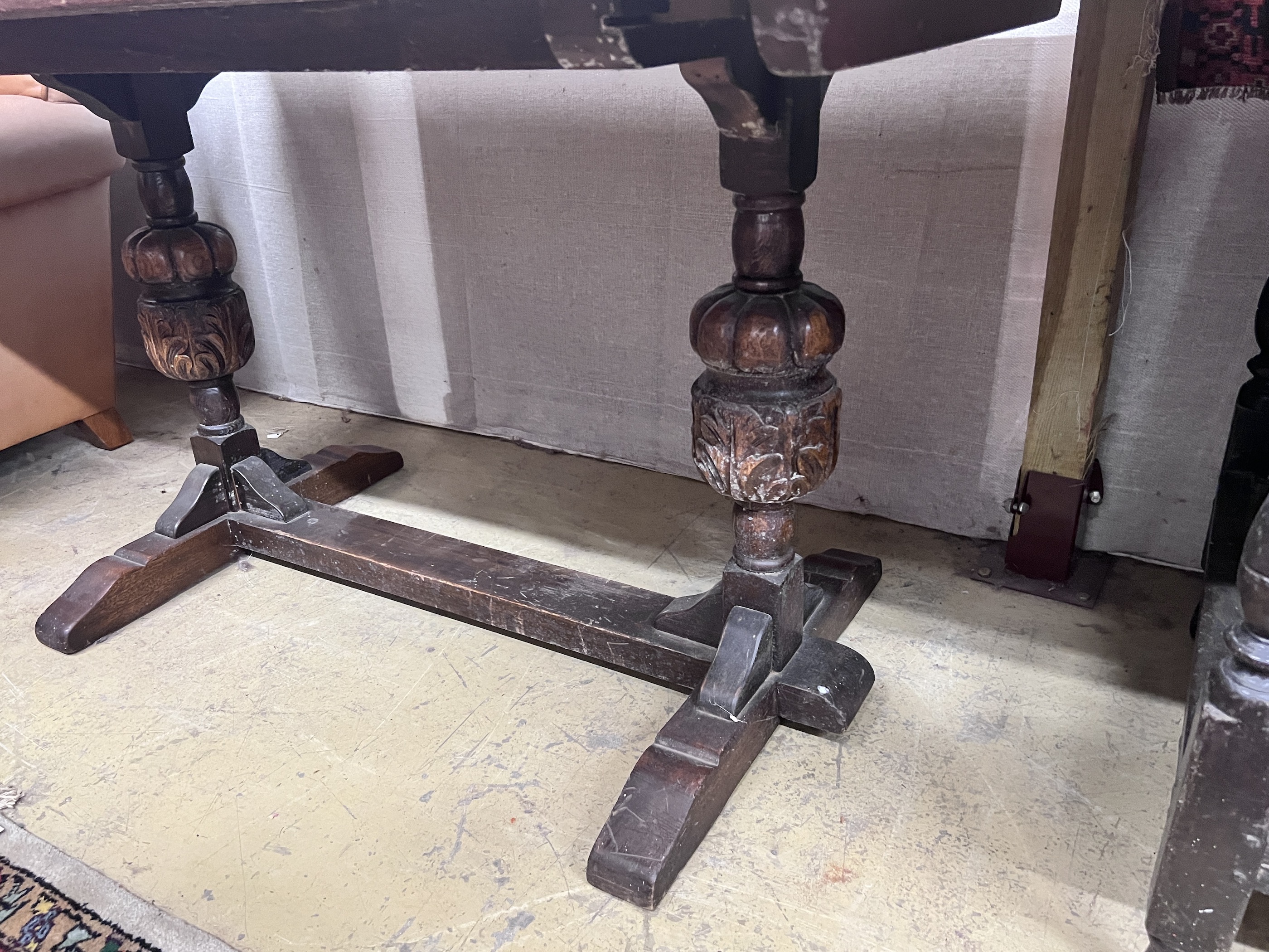 A 1920's Jacobean revival rectangular oak refectory table, length 151cm, depth 76cm, height 75cm